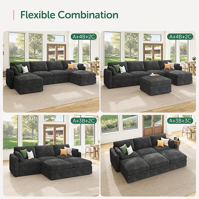 HONBAY Modular Sectional Couch with Storage Ottoman, Sectional Sofa with Storage Seats, L Shaped Sectional Couches for Living Room, Grey