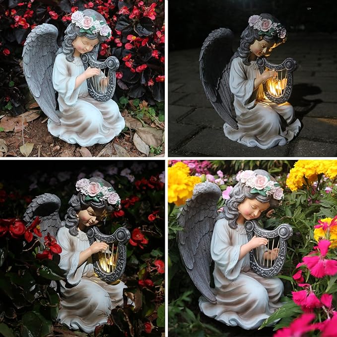Garden Angel Decor Solar Angels Statues for Garden Waterproof Angel Sculpture Playing The Harp Solar Angels for Yard Patio Gardening Gift