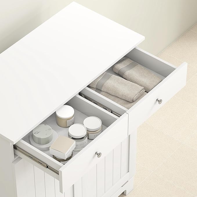 HOMCOM Laundry Hamper Cabinet with 2 Removable Baskets, Tilt Out Laundry Hamper Cabinet with 2 Drawers and 2 Beadboard Doors, Laundry Cabinet Bathroom Storage Cabinet, White