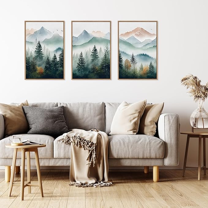 HLNIUC Misty Mountain Forest Framed Wall Art Set,Green Fog Pine Tree Wall Decor,White Foggy Forest Senic Canvas Wall Painting,Fogforest Landscape Art Print for Living Room,Bedroom,Office - 16”x24”x3