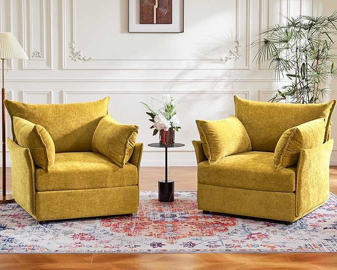 Oversized Accent Chair, Upholstered Modern Sofa Chair with Removable Backrest & Detachable Cover, 24.5" Deep Seat Large Reading Armchair for Living Room Bedroom Office-Chenille Yellow Set of 2
