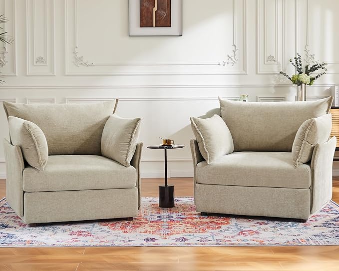 Oversized Accent Chair, Upholstered Modern Sofa Chair with Removable Backrest & Detachable Cover, 24.5" Deep Seat Large Reading Armchair for Living Room Bedroom Office - Chenille Beige Set of 2