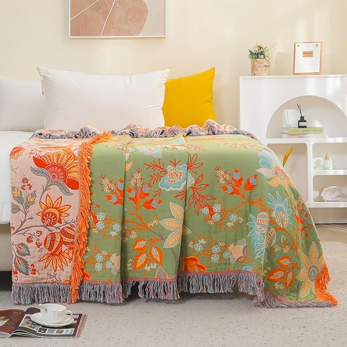 Boho Fall Throw Blanket for Bed,100% Ultra Cotton Soft Breathable Bed Throw Floral Printed Farmhouse Decor Rustic Bed Throws for Couch Sofa Quilt 60" x 80"-Orange& Sage Green