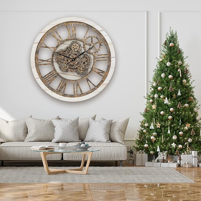 HOIBAI Wall Clock, 24 Inch Moving Gears Clock Large Wall Clock for Living Room Decor Rustic Vintage Industrial Steampunk Farmhouse Big Clock for Home Kitchen Bedroom Office