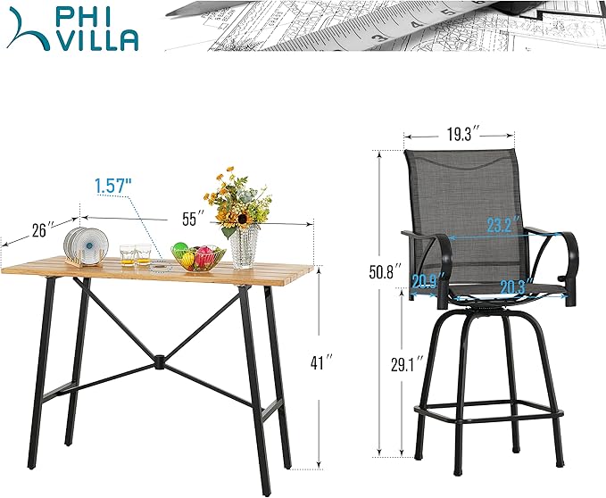 PHI VILLA 5 Piece Patio Bar Set, High Top Outdoor Dining Table and Chairs with Swivel Bar Stools (Gray) & Wood-Like Steel Rectangle Bar Table for Yard, Deck, Garden and Kitchen