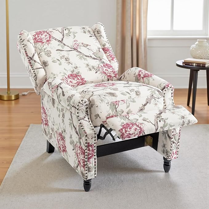 UIXE Recliner Chairs Set of 2, Fabric Armchair Upholstered Pushback Accent Chair for Living Room, Rivet Trim Club Chair Home Theater Single Sofa Bedroom Side Reading Seat - Beige Floral