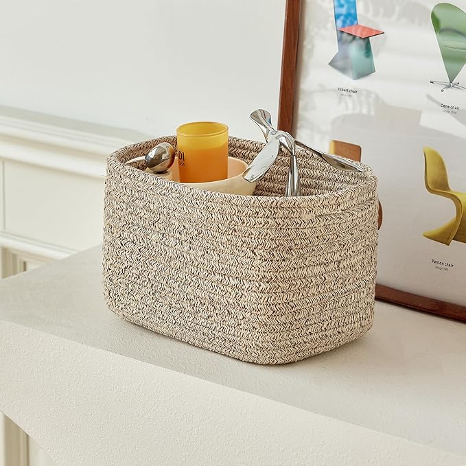 Small Cotton Rope Storage Basket Set of 3-11"x7"x7" Perfect Woven Baskets for Storage, Ideal Storage Baskets for Organizing Toys, Towels, and More - Baskets for Shelves and Home Decor(Beige)