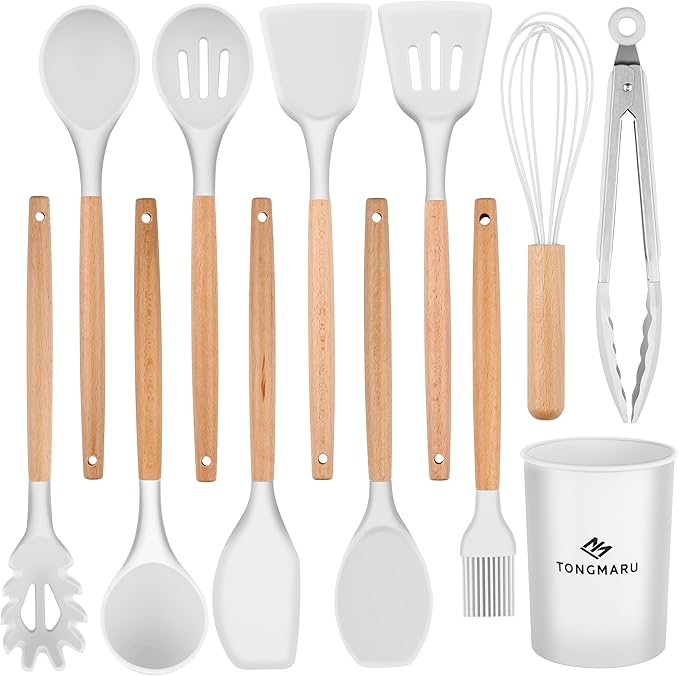 Silicone Cooking Utensils Set, Premium Beech Wood Handle Kitchen Gadgets Utensil Set, Non-Stick Kitchen Utensils Spatula, Tongs, Turner, Whisk, Brush, Spoon, BPA FREE, 446°F Resistant (White)