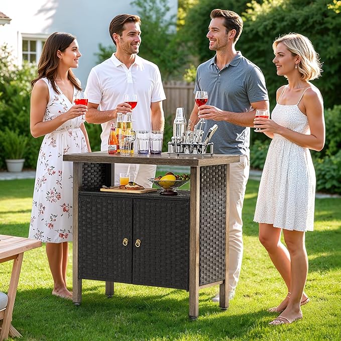 Outdoor Storage Cabinet, Woven Rattan Bar Table with 2 Doors, Slatted-Top, Wicker Console Table for Patio, Garden, Backyard, Kitchen - Black