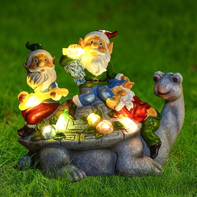 Upgraded Size Solar Garden Outdoor Statues Three Gnomes having party on turtle with 7 LED Solar Figurine for Lawn,Patio,Balcony,Yard Decor Unique Housewarming Gift, for grandfather, Father,Grandma,Wen