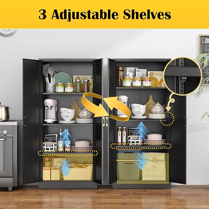 Kitchen Cabinet Storage,60”Metal Pantry Cabinet with Doors and 3 Adjustable Shelves,Food Pantry Cabinets with 2 Gold Handles,Black Tall Storage Cabinet for Livingroom,Pantry,Bathroom,Kitchen