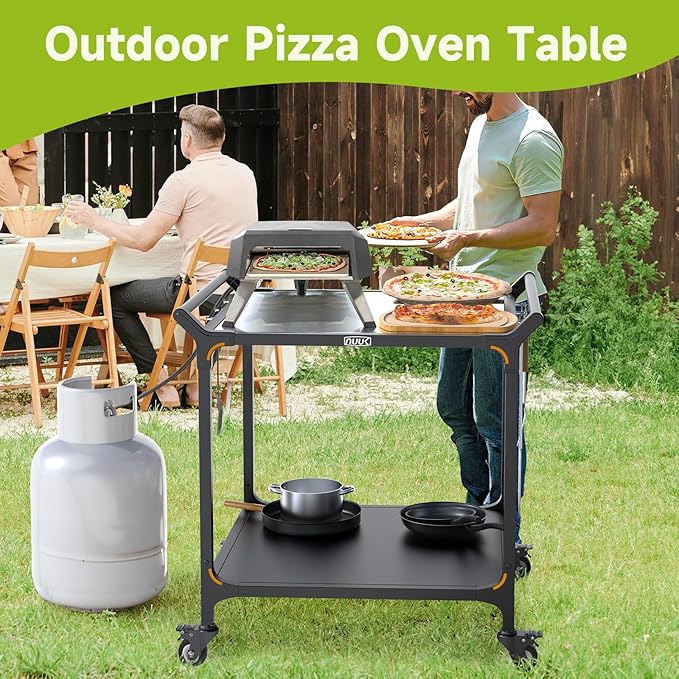 NUUK Grill Cart for Outdoor 32" x 32" Stainless Steel Pizza Oven Table with Double-Shelf Rolling BBQ Kitchen Food Prep Cart for Garden Patio
