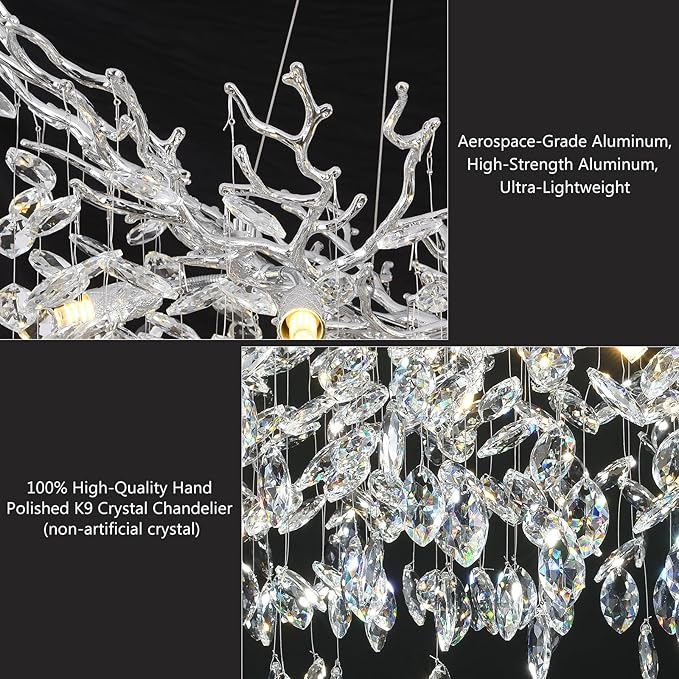Modern Crystal Silver Chandelier, 36" Large Rectangular Oval Tree Branch Crystal Chandeliers for Dining Room,16-Light Flush Mount K9 Crystal Chandeliers, for Kitchen Island,Dining Room
