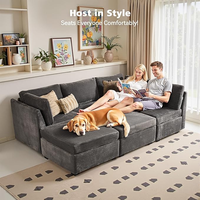 Modular Sectional Sofa, 130.7 Inch U Shaped Couch Set for Living Room, 4-Seater Comfy Cloud Couches with Two Movable Ottoman, Plush Corduroy, Gray