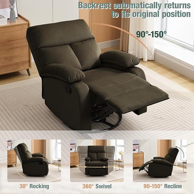Swivel Rocker Recliner for Adults, Small Recliner Chair for Small Spaces, Rocking Recliner Chair for Nursery. Living Room, RV, Bedroom, Dark Brown