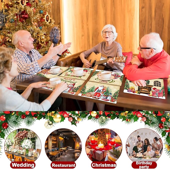 Christmas Placemats Set of 6 Retro Christmas Plastic Table Place Mats Merry Christmas Dining Mats Washable Xmas Holiday Rustic Vintage Table Decoration for Indoor Outdoor Christmas Party Dining Table