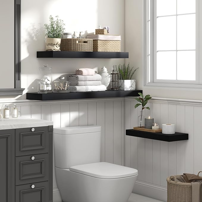 Heimlove 36 Inch Black Floating Shelves for Wall,10 Inch Deep Wood Shelves with Invisible Brackets,Wall Mounted Storage & Display Shelves for Bedroom,Living Room,Kitchen,Office