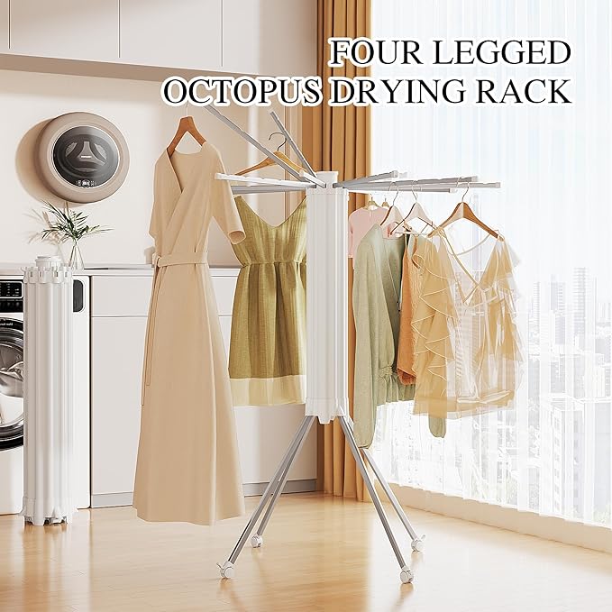 JOOM 4 Legs Single Layer Clothes Drying Rack, Garment Rack Portable and Foldable Space Saving Laundry Drying Rack - Drying Rack Clothing Floor Folding Balcony Bedroom Household Aluminum