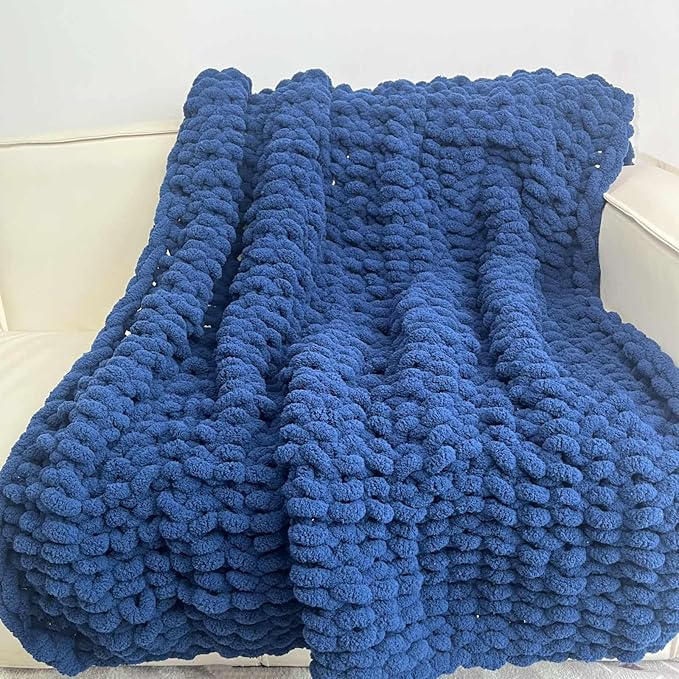 Chunky Knit Blanket Throw 40"x40", Chenille Throw Blankets, Handmade Warm & Cozy Blanket Couch Bed Home Decor, Soft Breathable Fleece Banket, Christmas for Couch Bed Sofa Best Gift (Navy Blue)