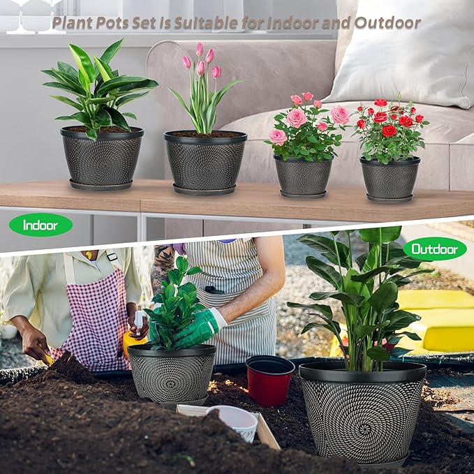 Quarut 4 Pack 6 Inch Flower Pots for Outdoor Indoor, Plastic Plant Pots with Drainage Hole & Saucer, Lightweight Small Flower Pot, Circle Pattern Planters for Garden House planters(Black Copper)
