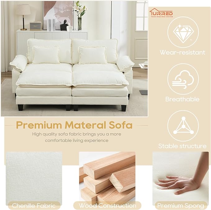 URRED Modular Sectional Sofa Comfy Cloud Couch, Modern Chenille Sofa Sleeper Deep Seat Couches with Ottoman/Pillows for Living Room (White, 82.6''- 2 Ottomans)