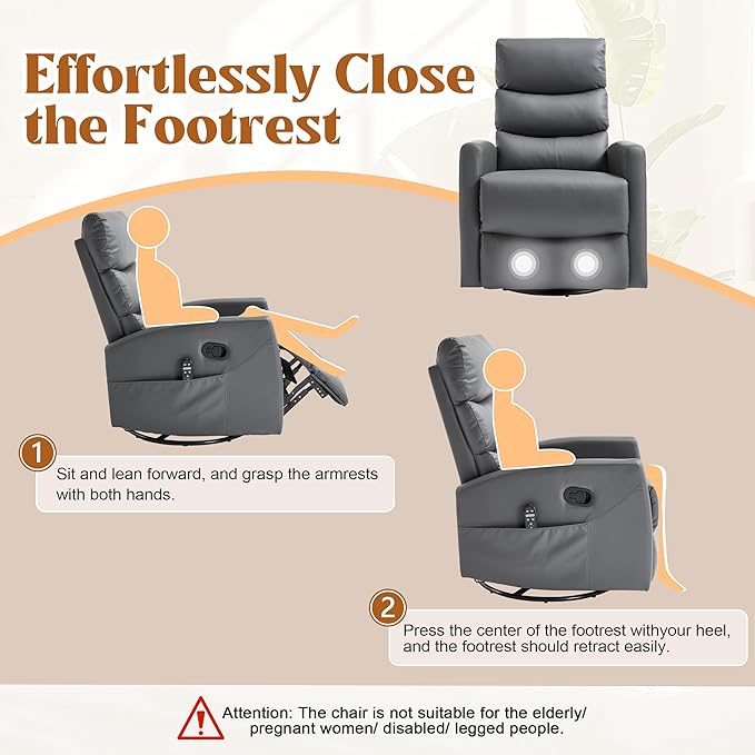 Manual Swivel Rocker Recliner Chair for Adults, Overstuffed Reclining Glider Chair for Nursing with Vibration Massage & Heat, Living Room Rocking Recliner 3-Stage backrest, Faux Leather Gray