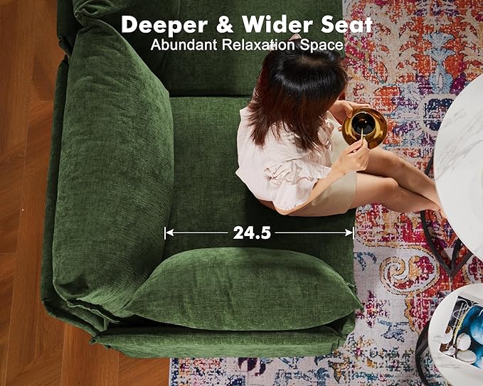 Oversized Accent Chair, Upholstered Modern Sofa Chair with Removable Backrest & Detachable Cover, 24.5" Deep Seat Large Reading Armchair for Living Room Bedroom Office - Chenille Green Set of 2