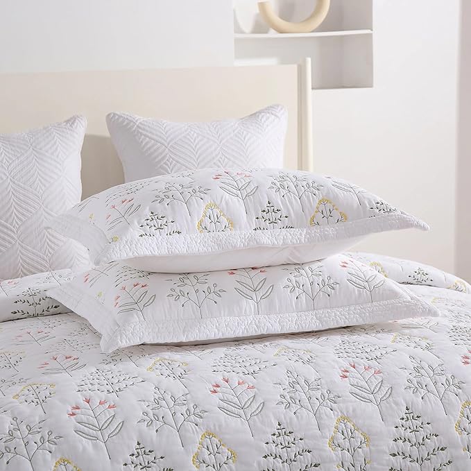 MarCielo 3-Piece 100% Cotton Oversized Bedspread Lightweight Quilt Coverlet Embroidery Farmhouse Bedding Set(TL Floral White,Oversized King (118"x106"))