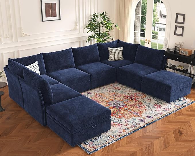 136.4" Oversized Modular Sectional Sleeper Sofa Bed, U Shaped Convertible Couch with Movable Ottoman, Large 8 Seat Corner Couches for Living Room Deep Seat Blue Chenille