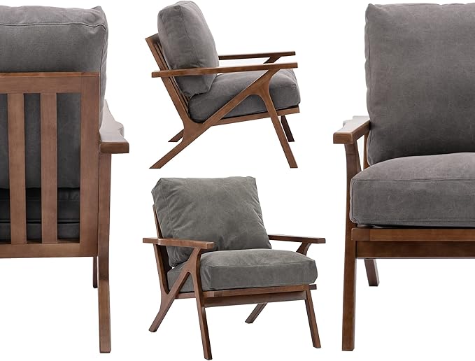 Wahson Set of 2 Mid Century Arm Chairs and Ottomans, Upholstered Accent Armchair with Wood Frame and Canvas Cushions, Leisure Slipper Chair for Living Room/Bedroom, Grey