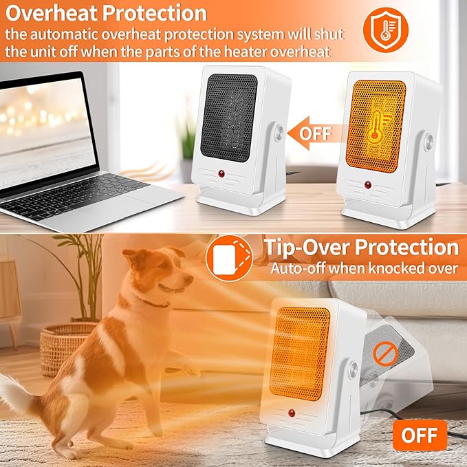 Portable Space Heaters for Indoor Use,Desktop Heater with 900W PTC 2s Fast Heating, 30° Adjustable Angle Design Small Electric Heater Lightweight for Personal, Office,Room,White