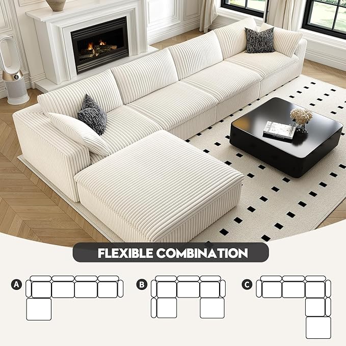 157.5" Cloud Couch Modular Sectional Sofa for Living Room,Modern Sofa with Deep Seat,L-Shape Boneless Couch with Ottoman,Comfy Upholstered Corduroy Couches for Apartment, Studio, Office,Bedroom,White