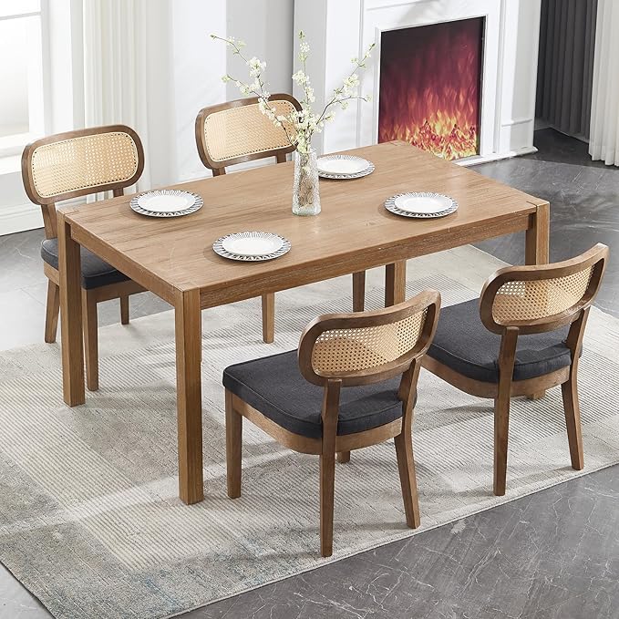 Rattan Dining Chairs Set of 4, Upholstered Linen Dining Room Chair with Cane Backrest Wooden Farmhouse Kitchen Chairs Armless Side Chair for Dining Room/Restaurant, Black