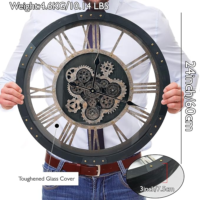 DORBOKER 24" Large Wall Clock with Moving Gears,Oversize Vintage Industrial Rustic Farmhouse Clocks for Living Room Decor Office Home,Solid Wood HD Tempered Glass Cover,Vintage Black