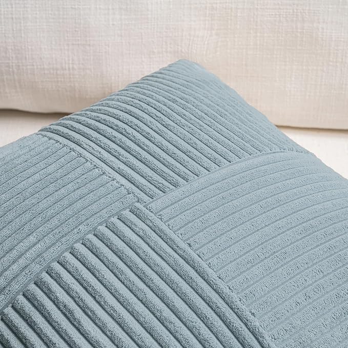Fancy Homi Set of 2 Light Blue Decorative Throw Pillow Covers 22x22 Inch for Living Room Couch Bed Sofa, Farmhouse Boho Home Decor, Soft Cross Corduroy Patchwork Accent Square Cushion Case 55x55 cm