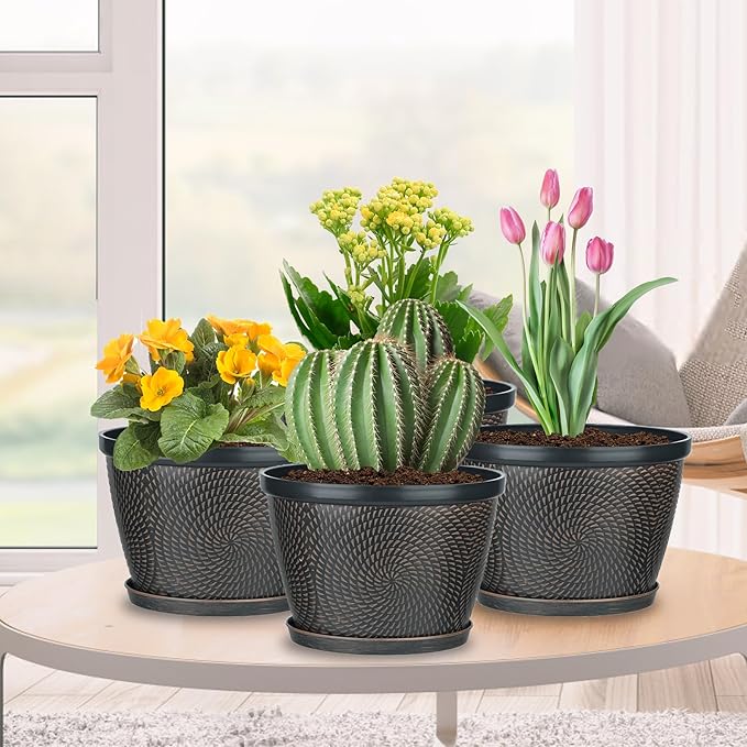 Quarut 4 Pack 8 Inch Flower Pots for Outdoor Indoor, Plastic Plant Pots with Drainage Hole & Saucer, Lightweight Small Flower Pot, Circle Pattern Planters for Garden House planters(Black Copper)
