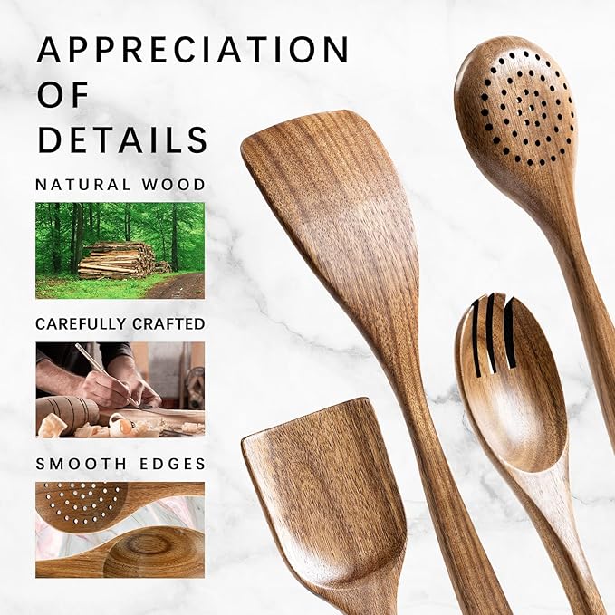 Wooden Spoons for Cooking, Nonstick Cooking Utensil Set with 4 Piece Acacia Wooden Spatulas and Spoons for Cooking, Terrific for Everyday Kitchen Tasks