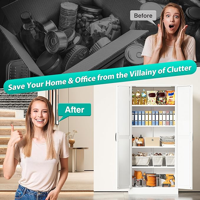 SISESOL Metal Storage Cabinet with 2 Doors and 5 Shelves,61 inch White Pantry Storage Cabinet,Large Farmhouse Pantry Cupboard for Home,Kitchen,Dining/Living Room