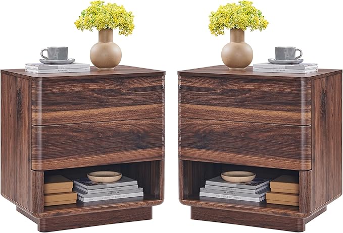 Nightstand Set of 2 with Charging Station, 22" Large Modern Bedside Table with 2 Drawers Storage,Push-to-Open End Table for Bedroom,Living Room,Brown