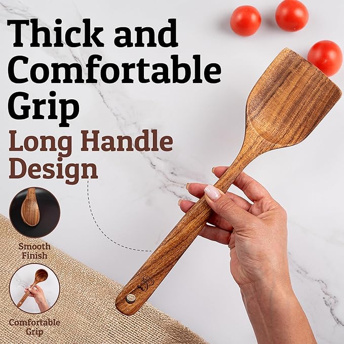 PriorityChef Premium Wooden Spoons for Cooking - 6pc with Utensil Holder, Spoon Rest and Hanging Hooks, Smooth Finish Teak Wooden Utensil Set, Heat-Resistant & Nonstick Safe, Ideal for Gifting