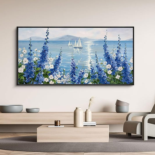XLSJERST Large Sailboat Wall Art - Blue Canvas Abstract Painting Textured Picture Artwork Vintage Nautical Flower Painting Coastal Modern Print 24"x48" Frame for Living Room Office Home Decoration