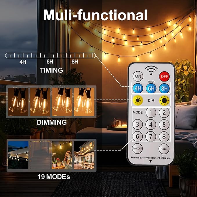 Solar Powered Warm White LED Outdoor String Light with Remote Control, Shatterproof Light Bulbs for Backyard Garden Patio Pergola Gazebo Bistro Bedroom Christmas Wedding Party (10+1 Bulbs)