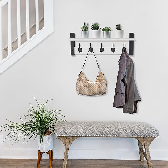 Sorbus Coat Hooks Wall Mount with Shelf – 24 Inch Coat Rack Wall Mount with 5 Heavy Duty Hooks – Floating Wall Shelf with Hooks for Entryway, Bathroom, Bedroom, Kitchen, or Mudroom (White)