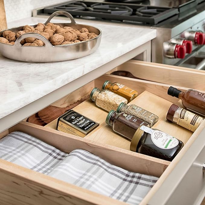 Rev-A-Shelf 3 Tiered Seasoning Organizer for Wooden Kitchen Drawers, Pull Out Spice Rack, 19.75 x 33.15 x 1.74 In, Maple, 4SDI-36-1