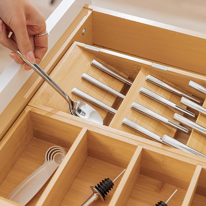 Premium Cutlery, Flatware, and Silverware Drawer Organizer – Slanted 3-Compartment Design with Labeled Slots, Non-Slip Feet, 100% Sustainable Bamboo