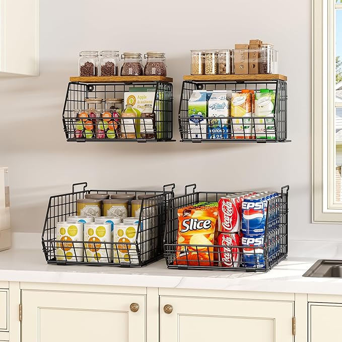 X-cosrack 2-Tier Stackable Wire Baskets for with Wood Lid, Wall Hanging Baskets for Potato and Onion Storage, Fruit Basket for Kitchen Counter, Metal Baskets for Snack Produce Cans