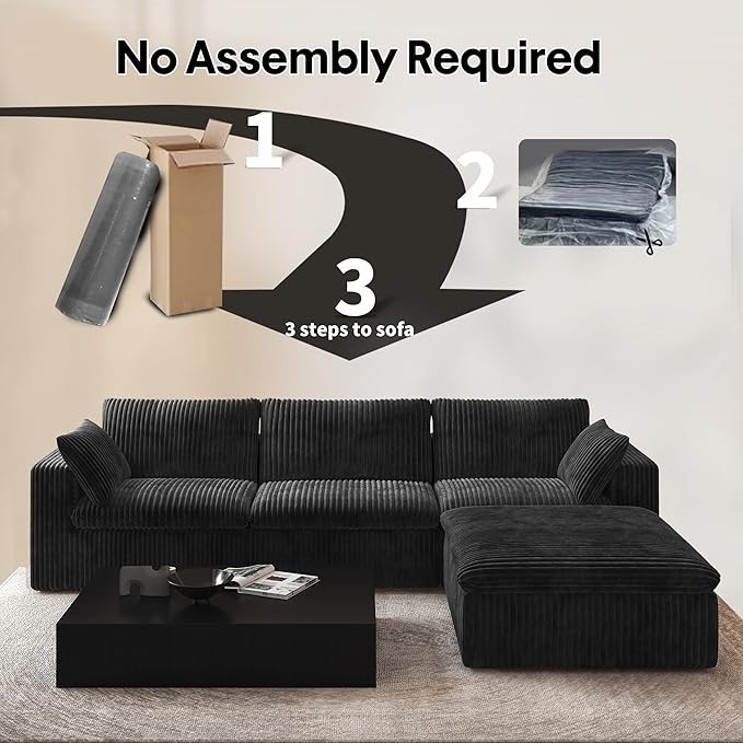 118" L Shaped Modern Sofa Modular Sectional Cloud Couch with Ottoman,Deep Seat Upholstered Couches with Plush Corduroy Fabric for Living Room Furniture,Bedroom and Apartment,No Assembly Required,Black