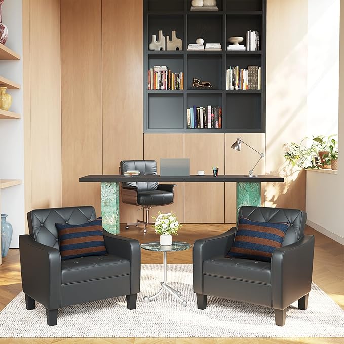 STHOUYN Living Room Chairs Black Leather Accent Chairs Set of 2, Waiting Room Arm Chairs, Reading Chairs for Bedroom Comfy Club Chair Tufted, Office Small Space (2, Black)