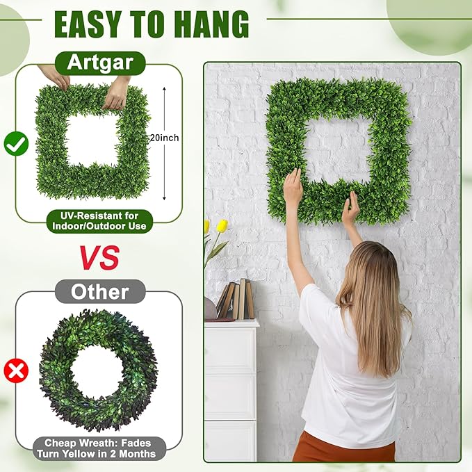 Artgar 20Inch Boxwood Wreath, Spring Wreaths for Front Door, Realistic Green Square Boxwood Wreath for Year-Round Decor, Artificial Summer Wreaths for Wedding Farmhouse Indoor/Outdoor Porch Decor