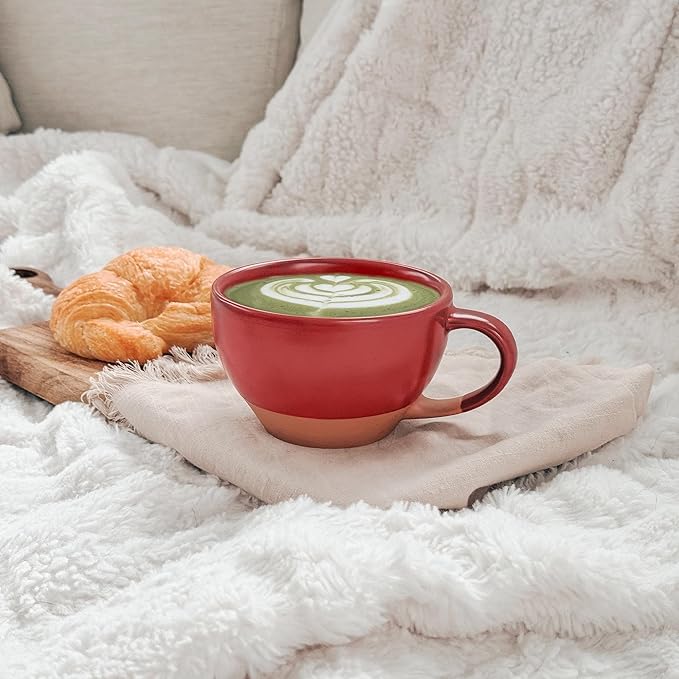 Mora Ceramic Latte Art Mug With Saucer - 10.5 oz, Round Bottom For Perfect Pours - Cafe Cups for Cappuccino, Espresso, Coffee, Tea etc - Porcelain Set for Baristas, Great Gift - Crimson Red